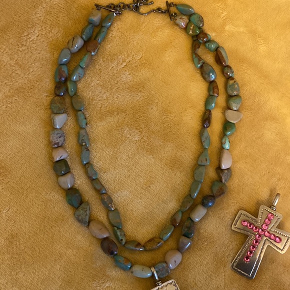 Double Genuine Turquoise Necklace 2 Cross Pendants Cowgirl Western Vintage - Picture 5 of 13